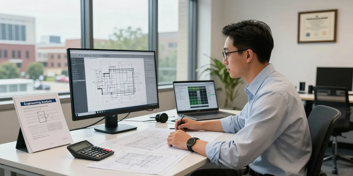 Engineering expert witness in Missouri reviewing plans at a professional desk, demonstrating expertise and dedication.
