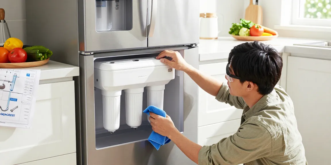 AQUACREST DW2042FR-09 Refrigerator Water Filter installation in a bright kitchen, showcasing tools and clean environment.