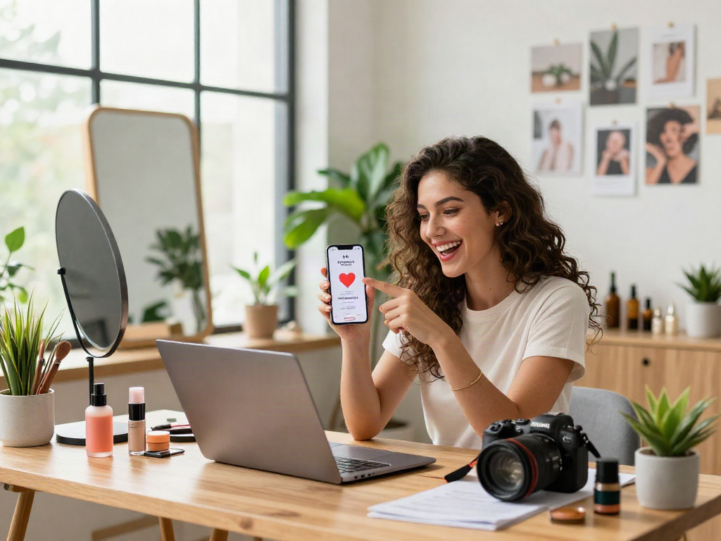 Young woman engaging with a test of attractiveness app in a bright lifestyle studio.