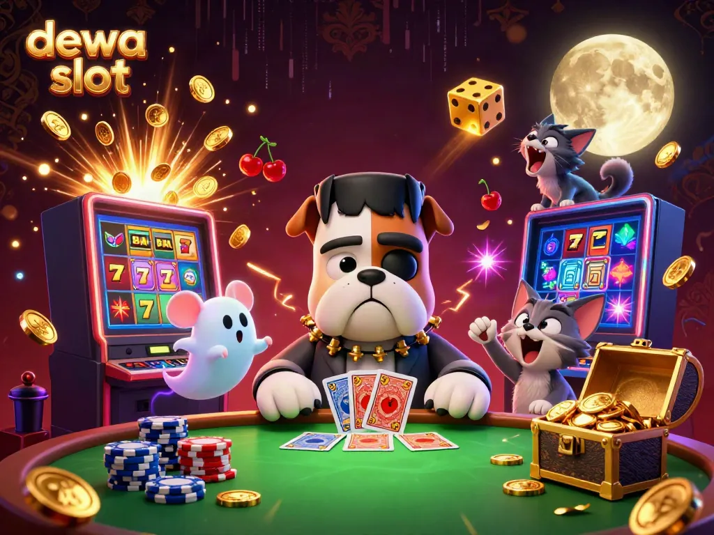 Ilustrasi 3D dewa slot menampilkan karakter kartun Frankenstein bulldog dan kucing werewolf di meja kasino.
