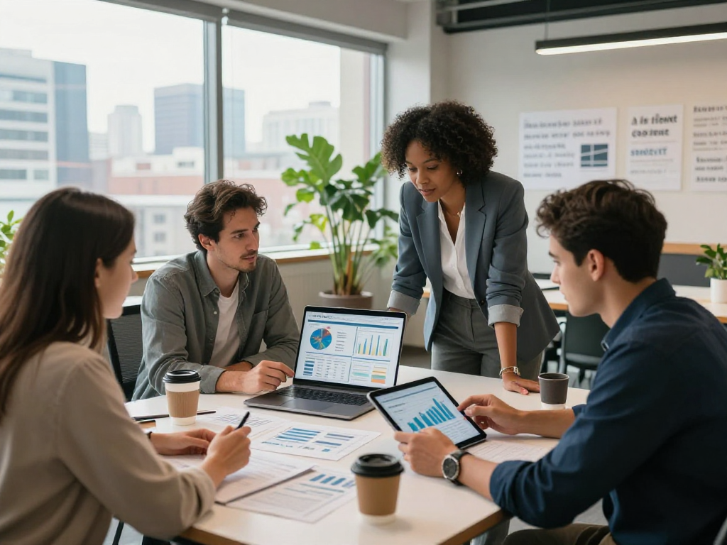 Professionals collaborating in a modern workspace analyzing data trends at https://koperasisantun.com/ for financial success.