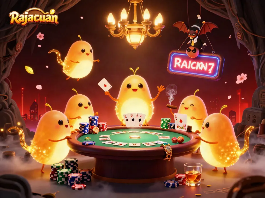 Rajacuan casino scene with glowworms and poker elements in a vibrant cave illustration.