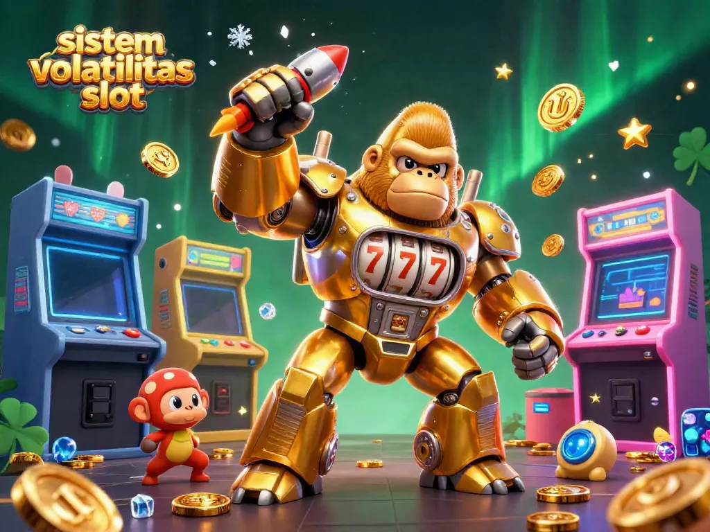 Gorilla mech bermain di sistem volatilitas slot dengan mesin arcade berwarna cerah dan efek koin yang memukau.