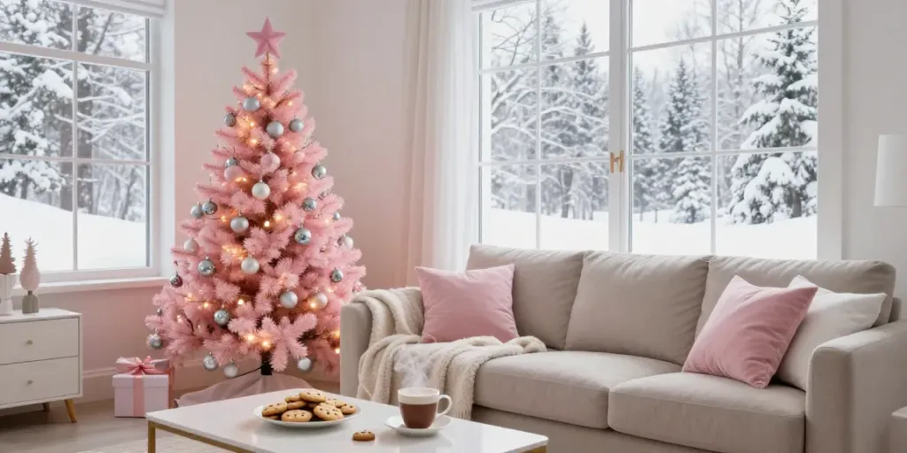 A beautifully decorated christmas tree with pink decor in a cozy living room.