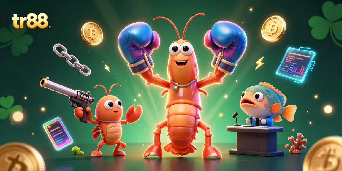 Engaging tr88 casino scene with energetic shrimp characters and vibrant crypto elements.