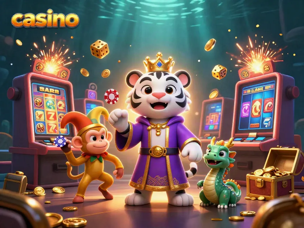 Engaging casino-themed scene featuring characters celebrating jackpot wins, vibrant visuals, and game elements.