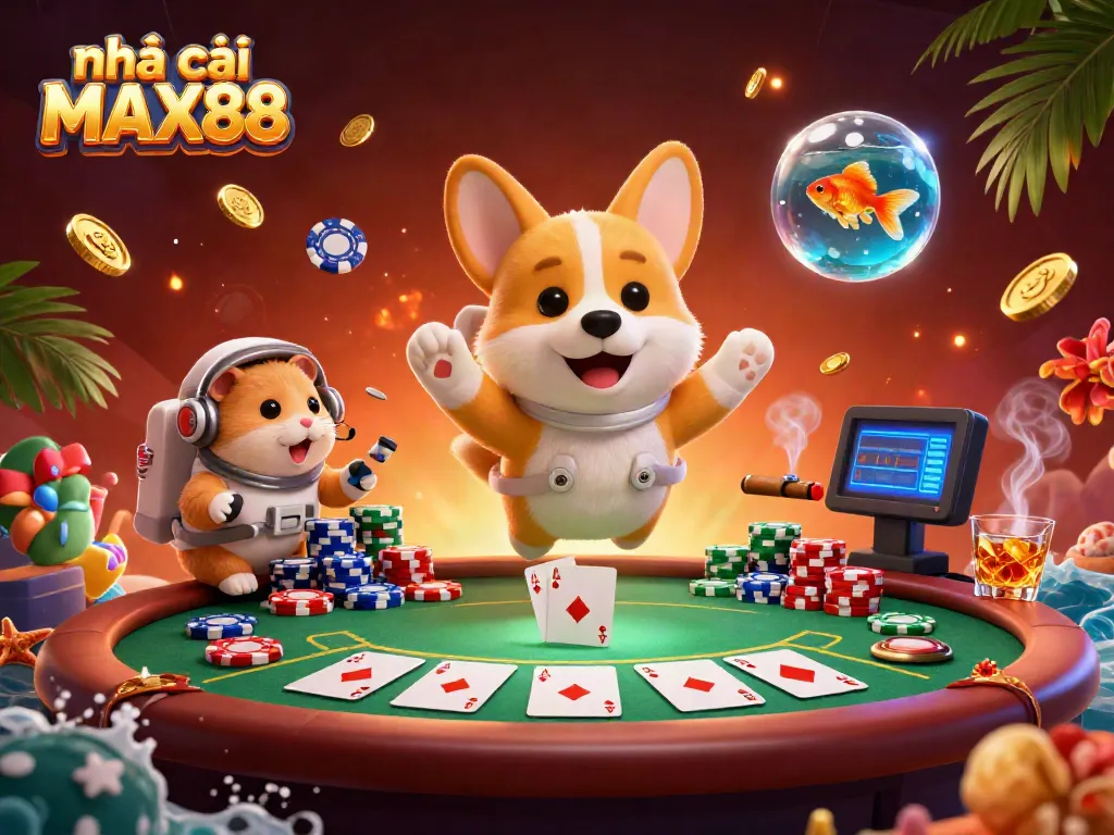 Experience the excitement of nhà cái MAX88 with a vibrant 3D illustration showcasing a casino adventure.