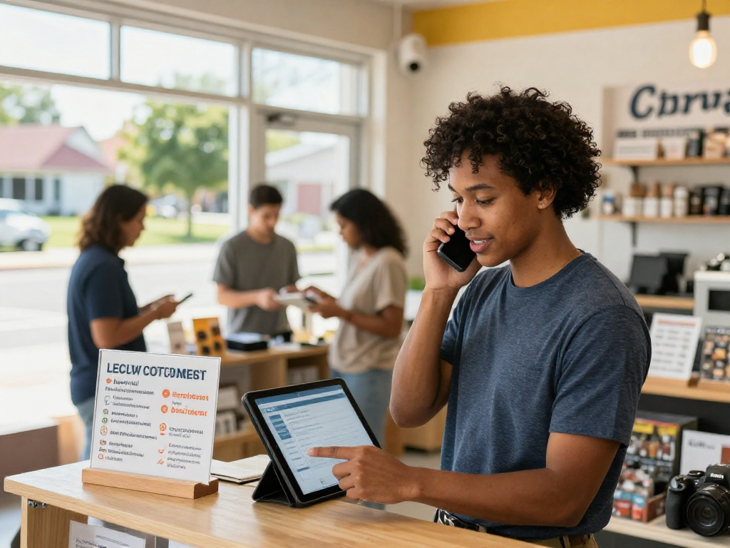 AI receptionist for small business enhancing customer service in a lively storefront atmosphere.