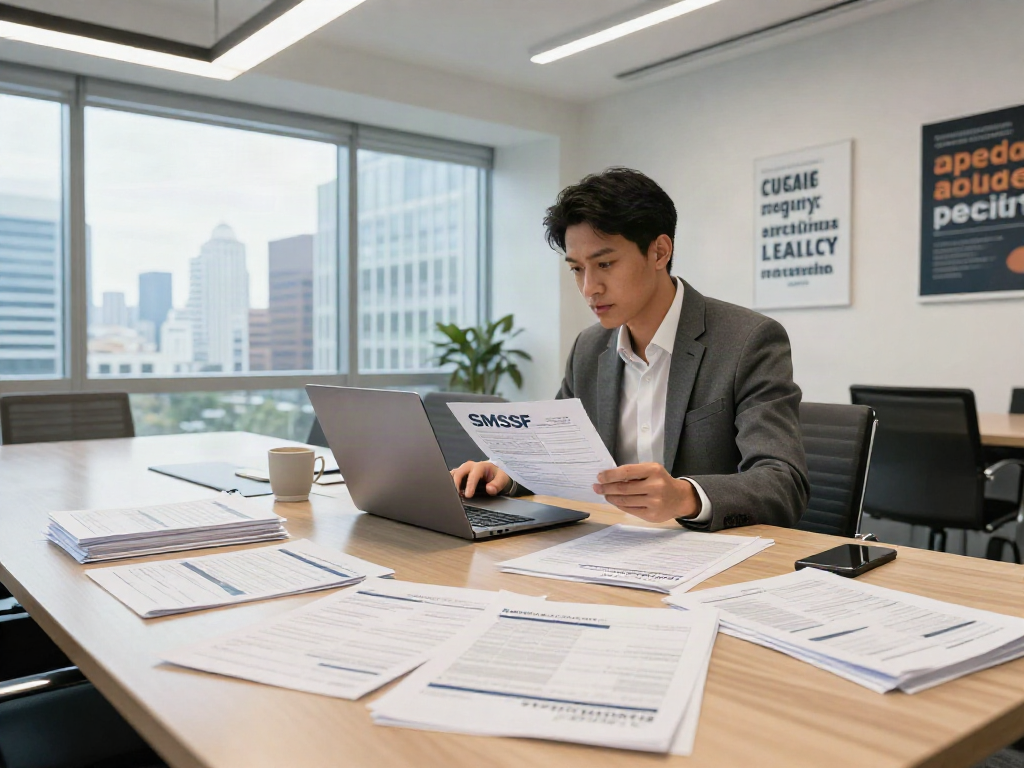 Professional analyzing SMSF tax return documents in a modern office.
