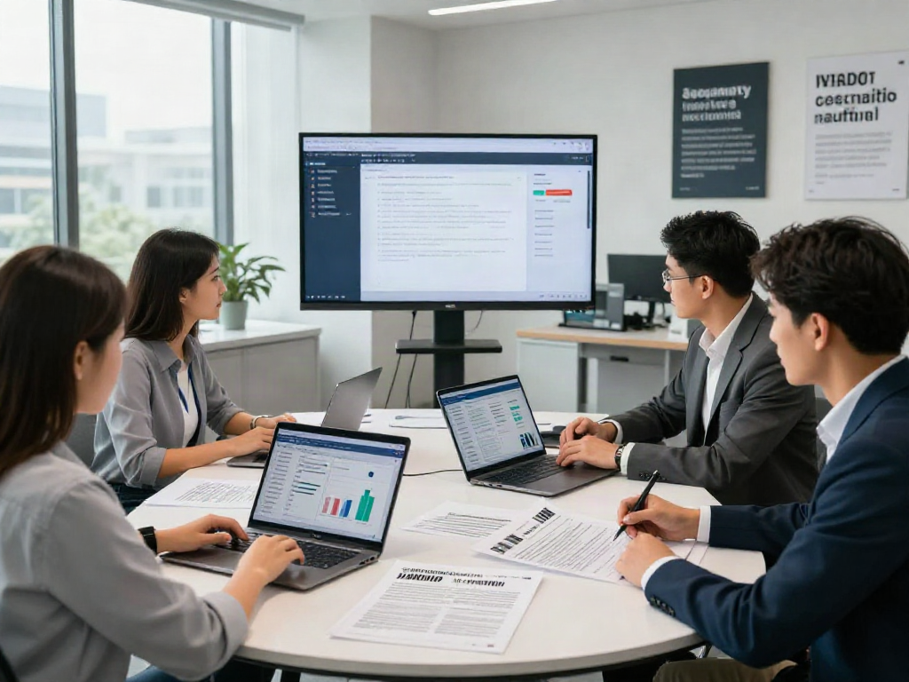 Team collaborating on document fraud detection solution strategies in a modern office environment.
