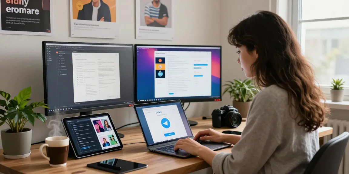 Downloading Telegram China free version on laptop in modern home office setting with tech gear and warm lighting.