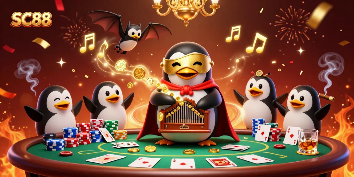 Engage with SC88's thrilling online casino experience featuring a penguin organist and dynamic poker scene.