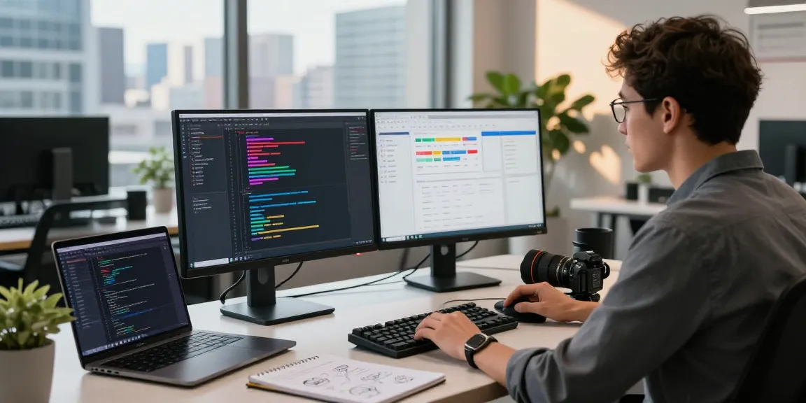 Developer enhancing cika4d project in modern workspace with dual monitors illuminated by fresh sunlight.