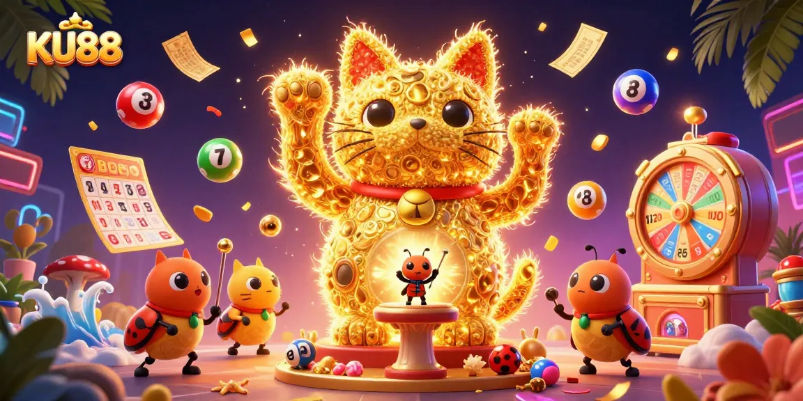 Experience luck and excitement with KU88's vibrant casino scene, featuring a magical lucky cat.