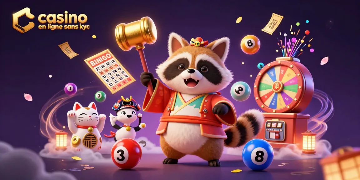 Illustration dynamique de casino en ligne sans KYC avec tanuki et chats maneki-neko, loto et effets magiques.