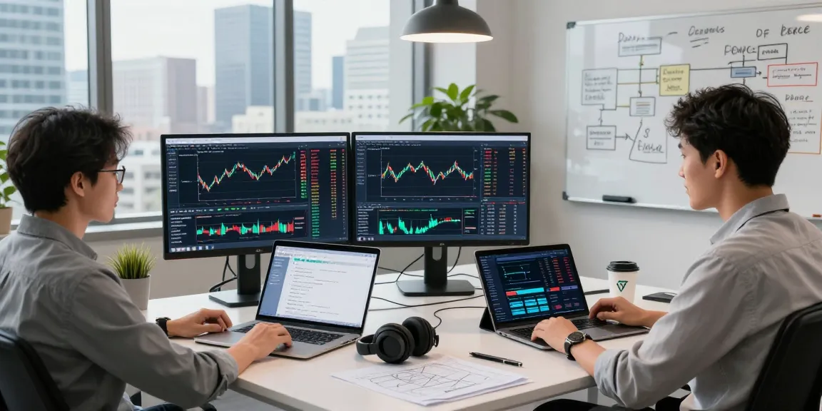 Developer analyzing real-time quantitative trading data feed at innovative financial tech workspace with multiple monitors.