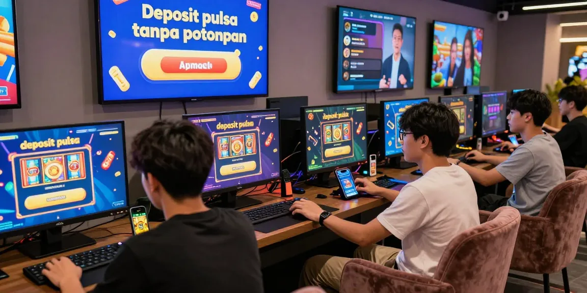 Exciting online gaming atmosphere showcasing deposit pulsa tanpa potongan options, vibrant players and digital slot narratives.