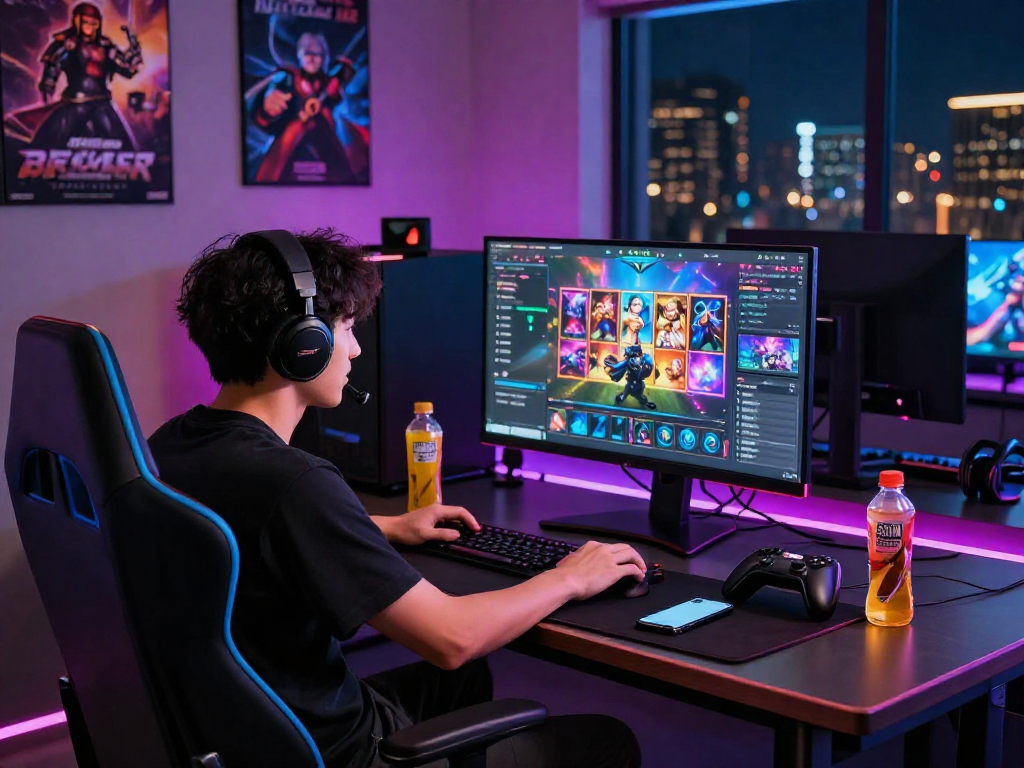 Engaged gamer at Raja 328 online gaming platform, vibrant gaming interface and modern setup.