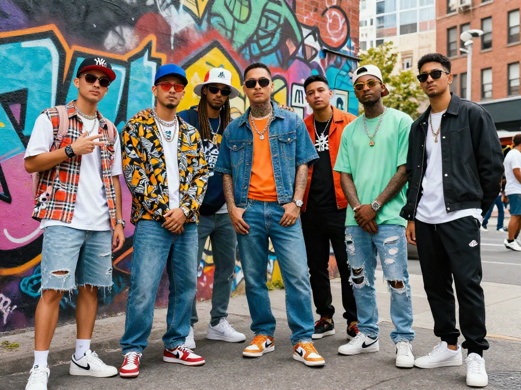 Group of friends showcasing their celebrities look alike styles in an urban setting