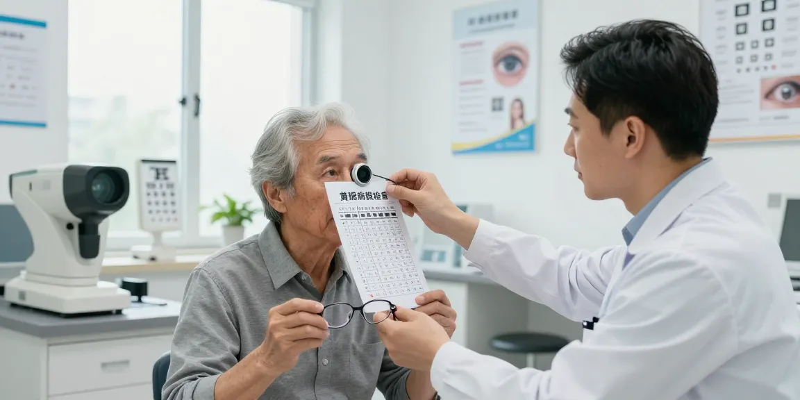 Senior patient undergoing 黃斑病變檢查 in a modern clinic with a healthcare professional.