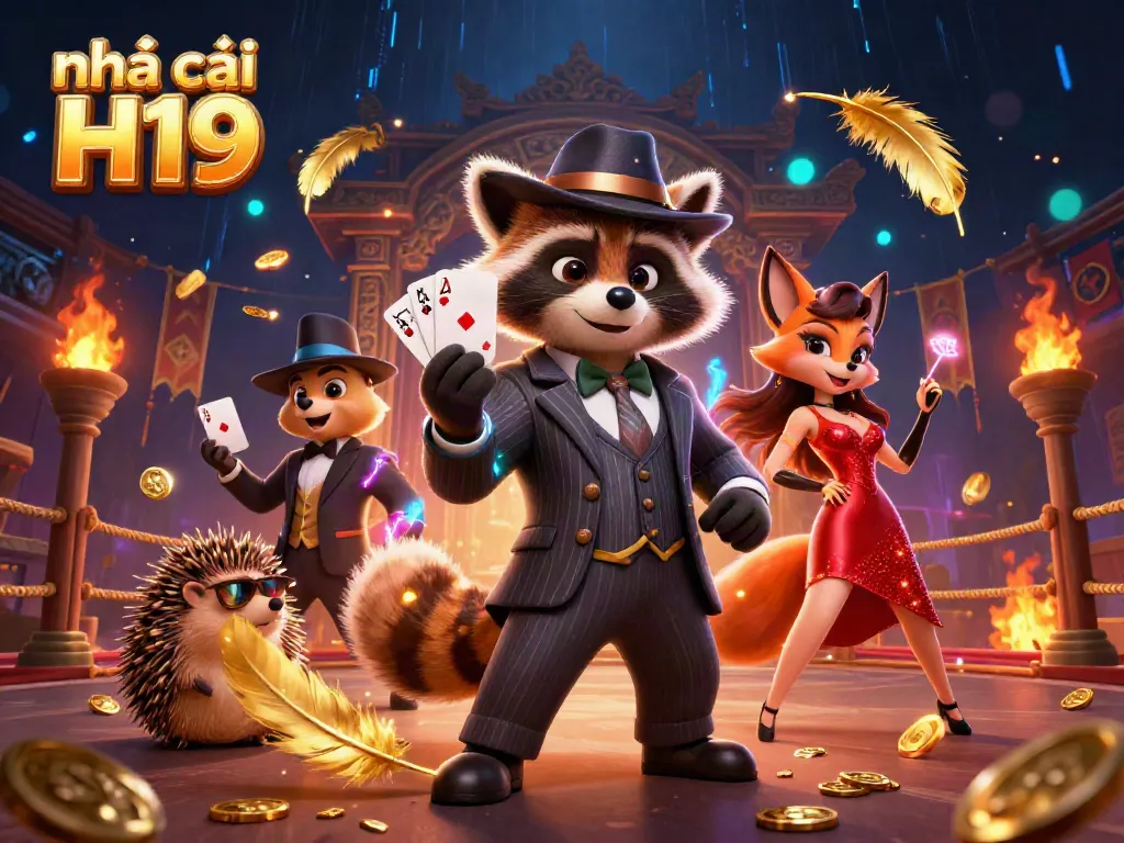 Experience the excitement of nhà cái H19 with a raccoon holding a royal flush surrounded by dynamic casino elements