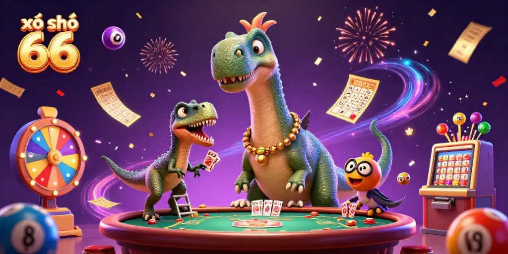 Experience the thrill of xổ số 66 with a whimsical casino scene featuring a giant dinosaur and vibrant lottery elements.