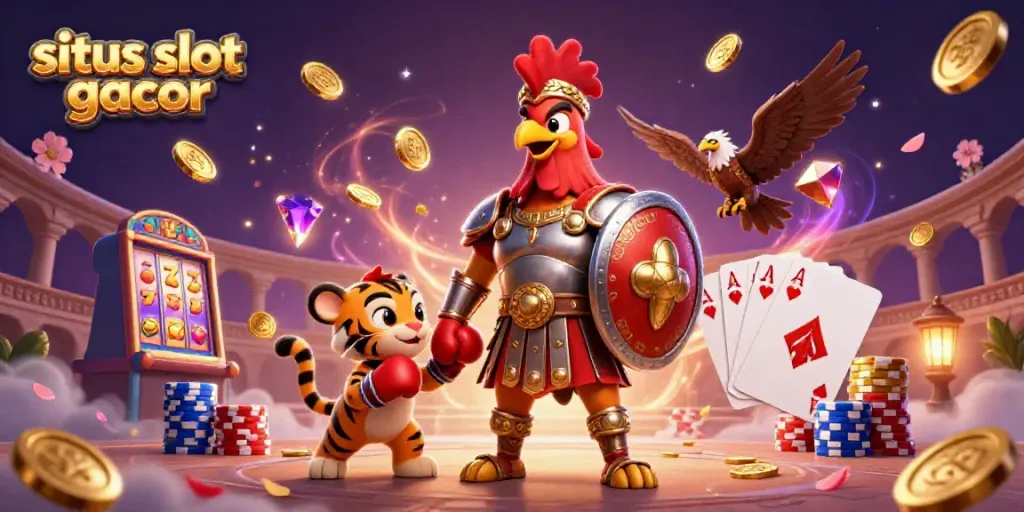 Engage with situs slot gacor in a vibrant 3D casino scene filled with dynamic game elements and rich colors.