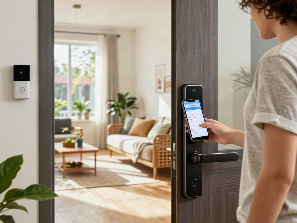 خرید قفل هوشمند features a stylish smart lock being monitored through a smartphone app in a modern urban home entrance.