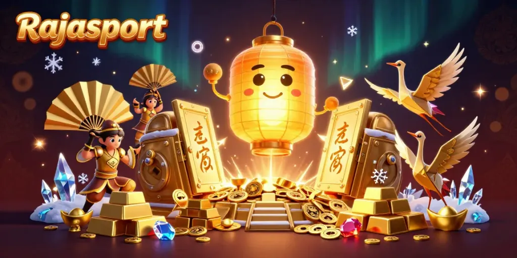 Rajasport menghadirkan suasana kasino yang meriah dengan lampion emas dan simbol keberuntungan.