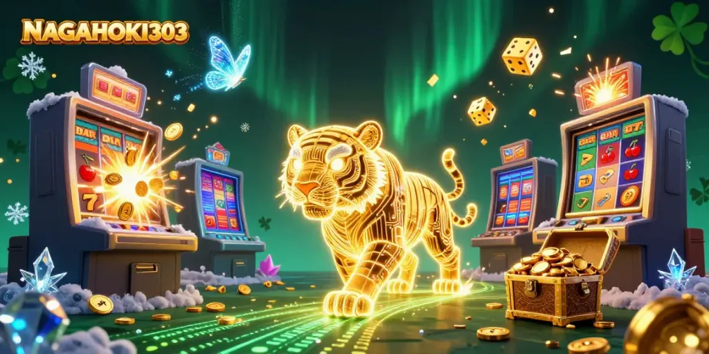 Visualisasi digital menarik dari NAGAHOKI303 dengan karakter macan emas dan mesin slot yang menggelegar.