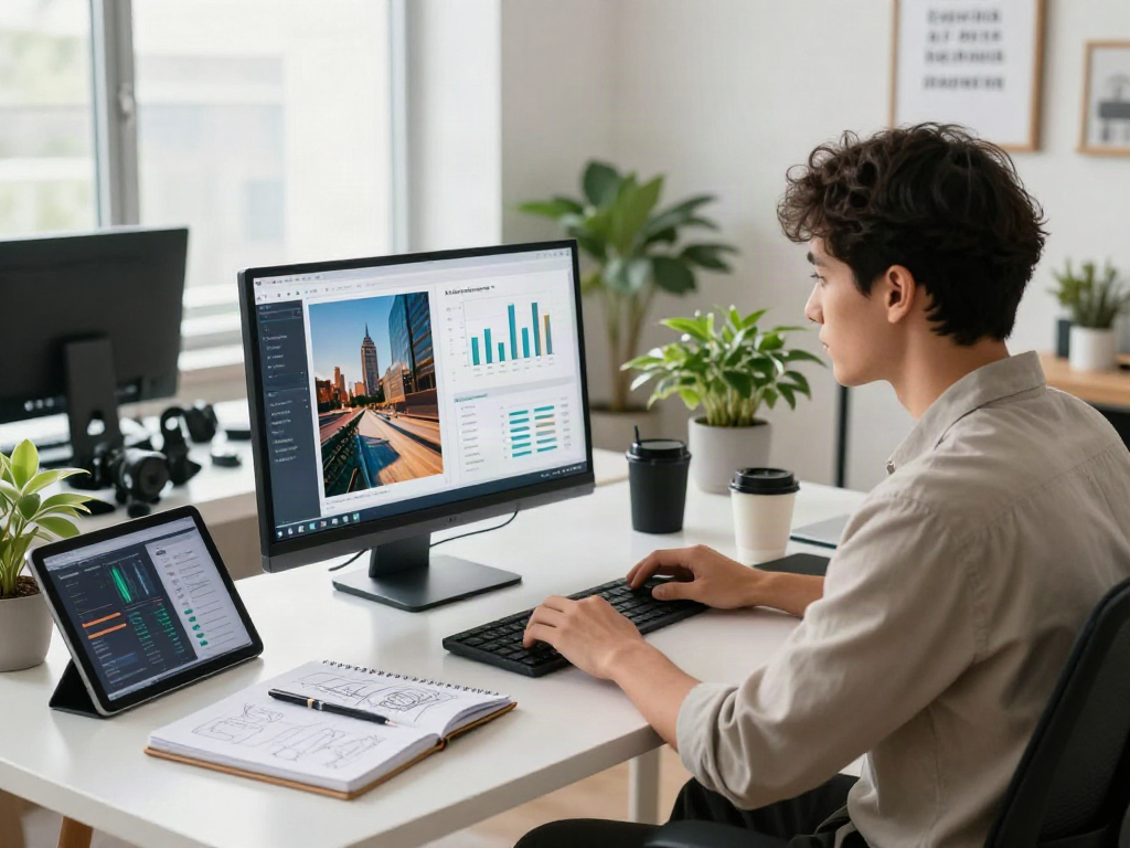 AI Image Detector tool in modern office, analyzing images on screen with graphs and notes.
