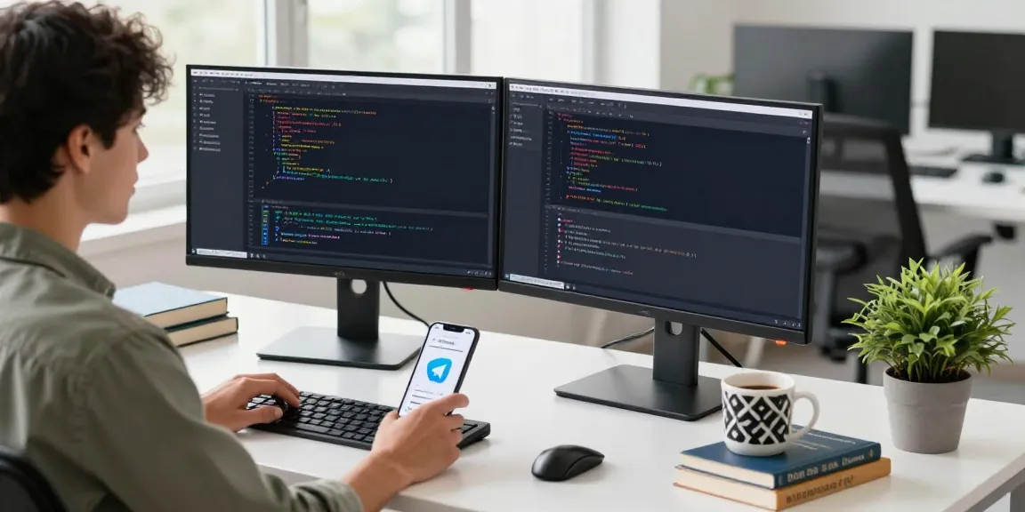 Developer analyzing code on dual monitors with Telegram for a free download in a modern tech workspace.