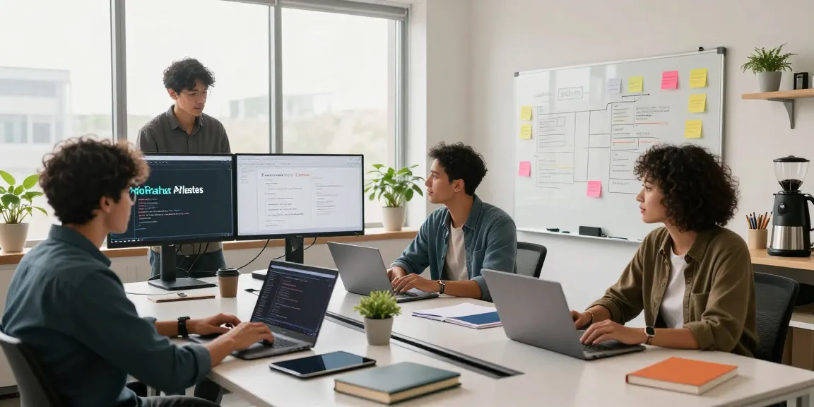 Diverse team of developers discussing ChatGPT alternatives in a modern office with collaborative workspace.