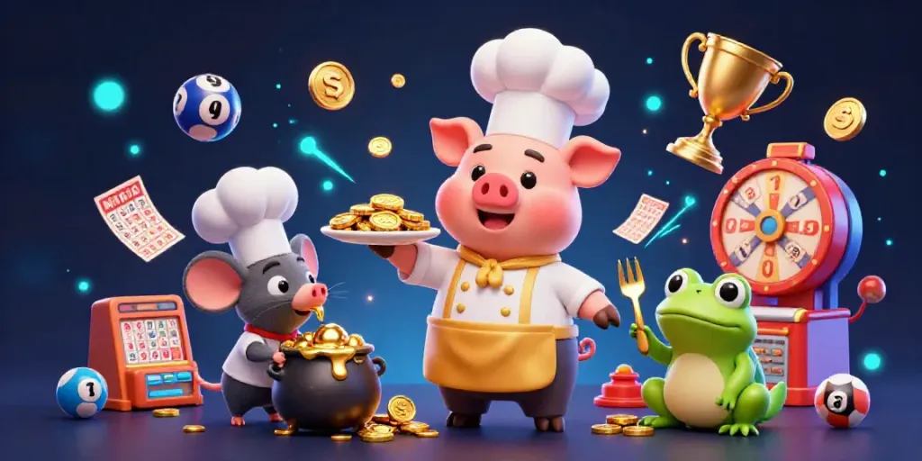 Engage in exciting lottery action with xs66 as our chef pig presents gold coins alongside vibrant game elements.