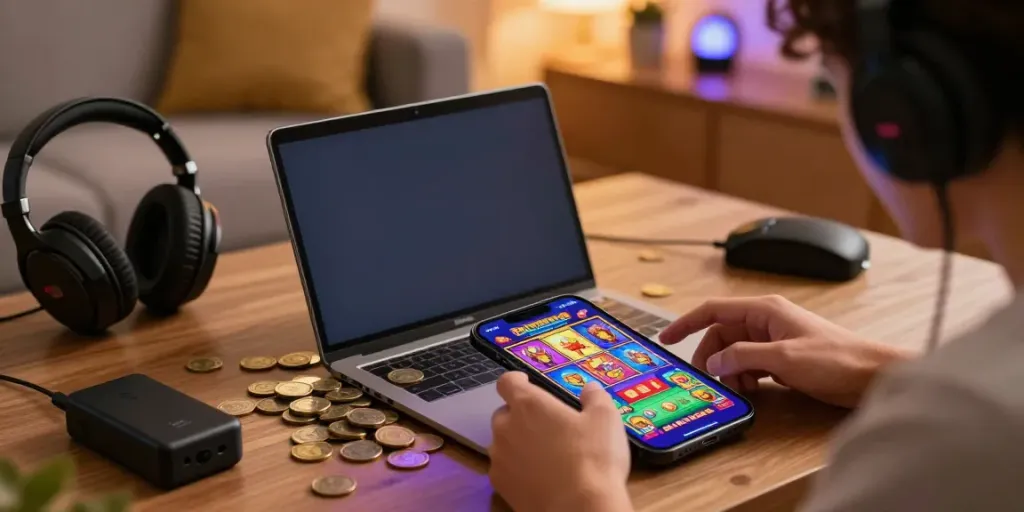 Engaged player using a smartphone for server Thailand slot games with coins and gaming accessories in a welcoming living room.