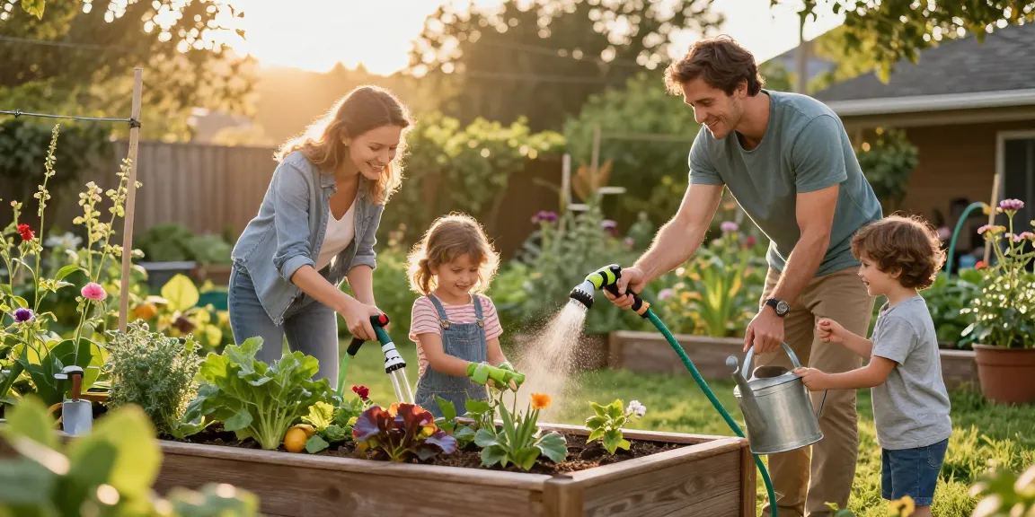 Family using the best hose nozzle to water a vibrant garden, showcasing healthy plants and joyful gardening.