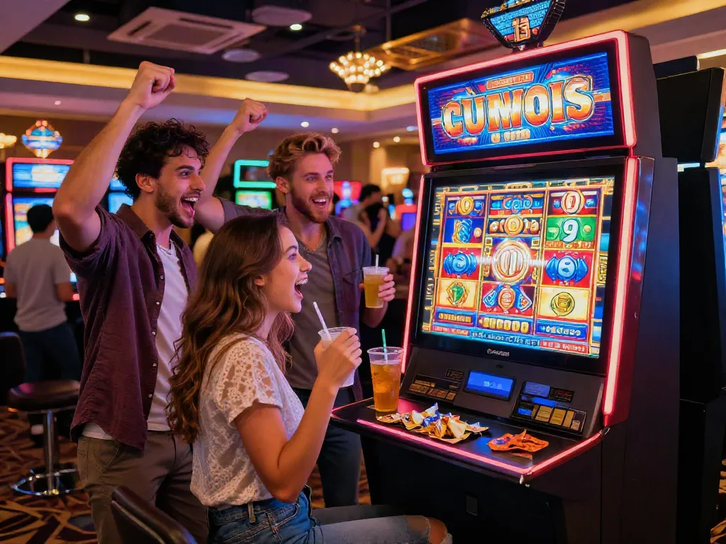 Friends celebrating a win on luxury12 slot machine in a lively casino atmosphere.