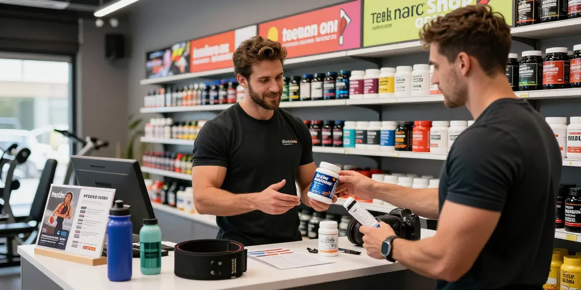 Beligas Shop - customer purchasing anabolic steroids in a modern supplement store, showcasing various products and fitness gear.