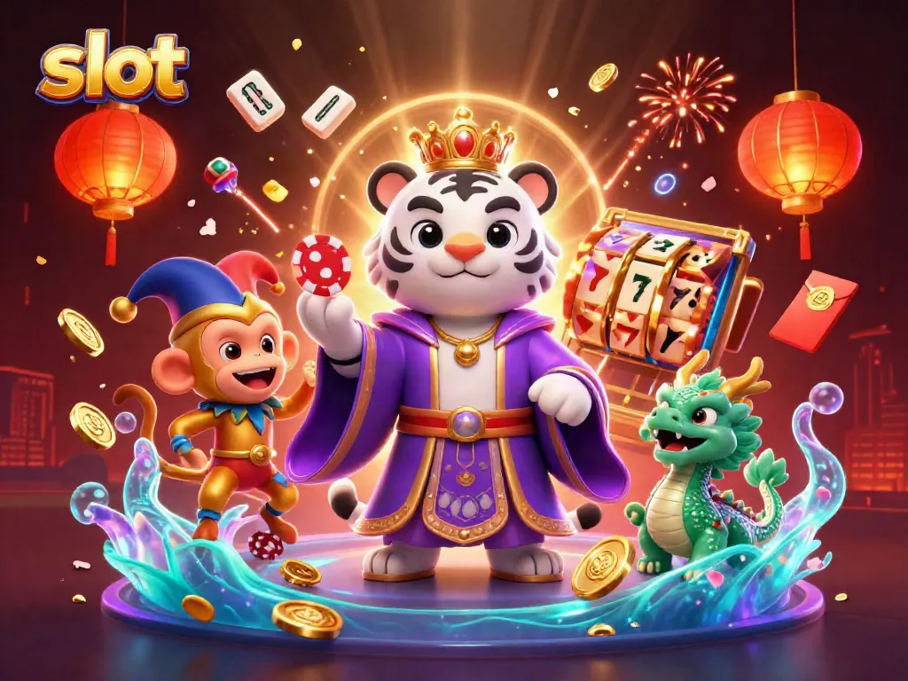 Slot yang penuh warna dengan harimau putih, monyet emas, dan simbol keberuntungan lainnya.