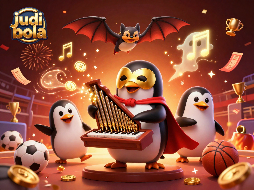 Experience thrilling judi bola action with sports symbols and dynamic characters in a festive 3D scene.