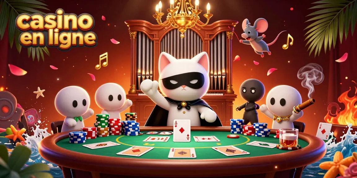 Vivez l'énergie vibrante du casino en ligne avec un chat phantasmagorique et des éléments de jeu colorés.