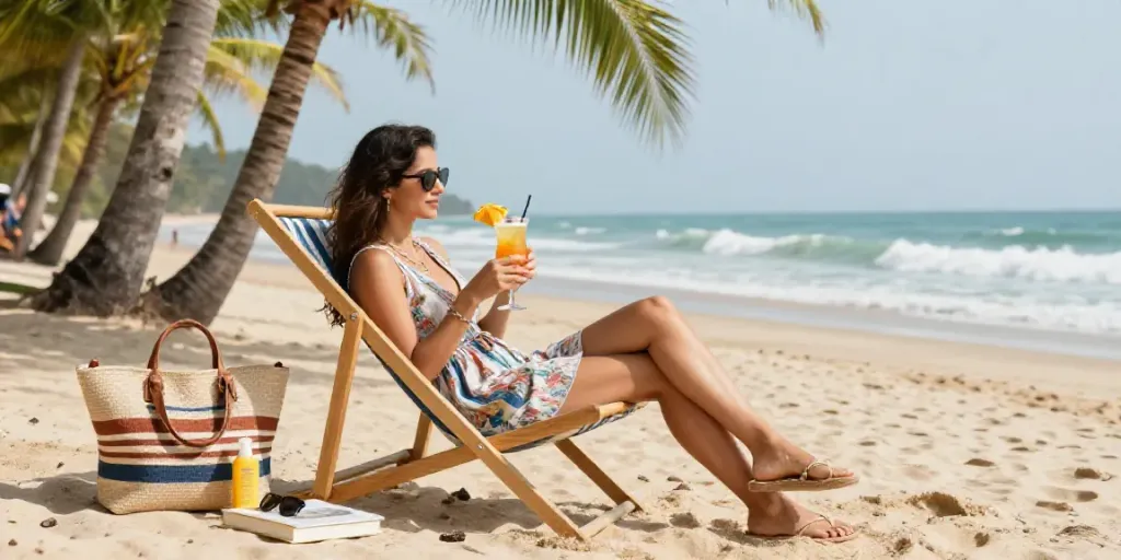 Stunning beach scene showcasing an escort service in Goa with a glamorous escort relaxing by the ocean.
