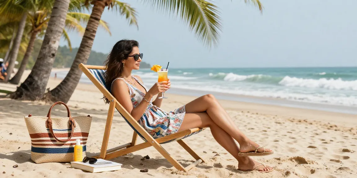 Stunning beach scene showcasing an escort service in Goa with a glamorous escort relaxing by the ocean.