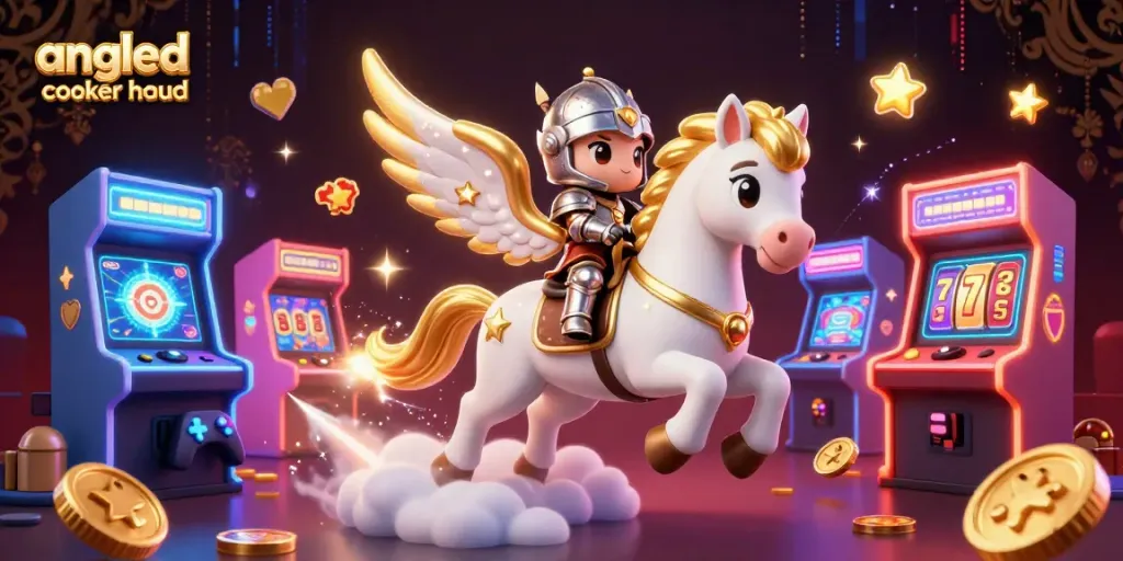 Spin the angled cooker hood jackpot with a celestial horse and knight in a vibrant casino scene.