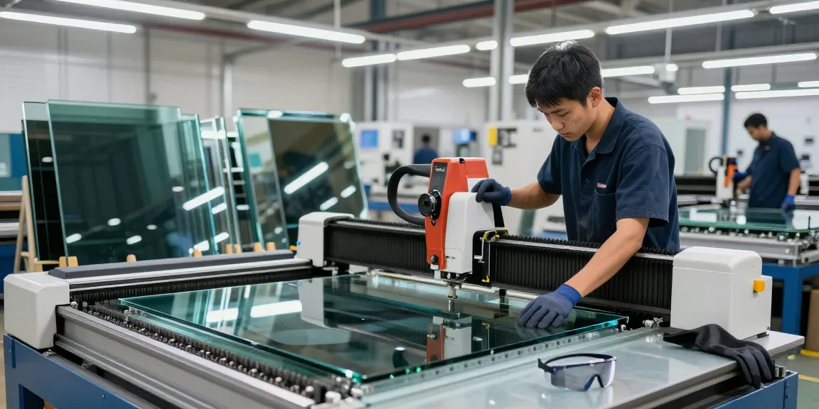 Technician operating a glass cutting machine in a busy industrial workshop, showcasing professional glass processing techniques.