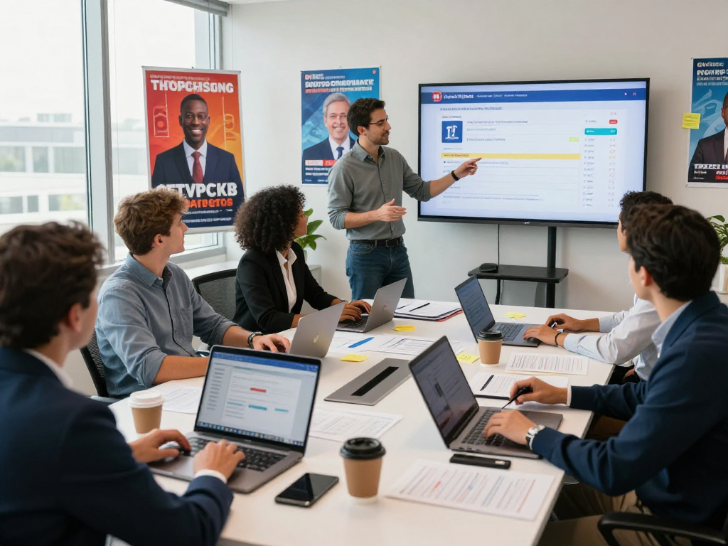 Effective political CTV advertising strategy discussion in a modern campaign office with a diverse team.