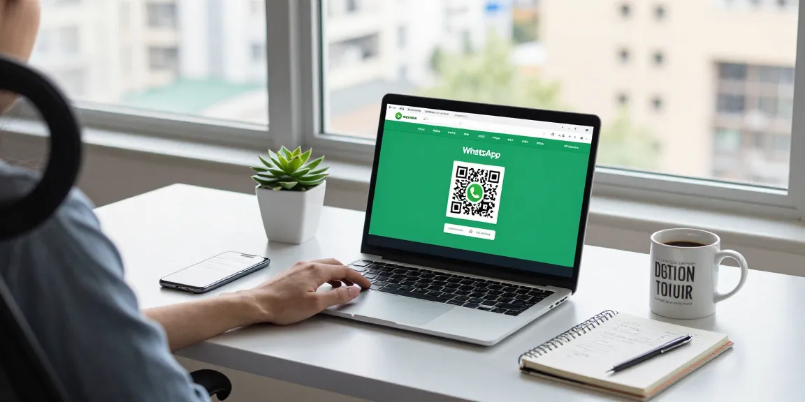 Professional accessing WhatsApp網頁版 in a modern home office with city view.