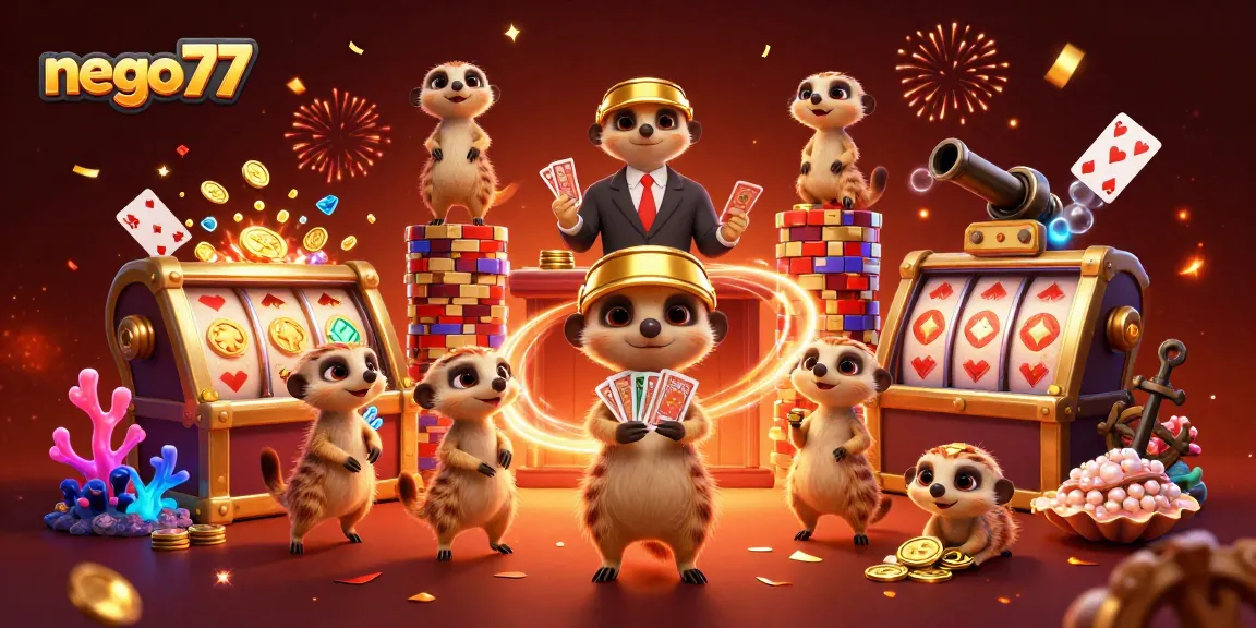 Nego77 immersive casino scene showcasing meerkats managing slot games with vibrant treasures.