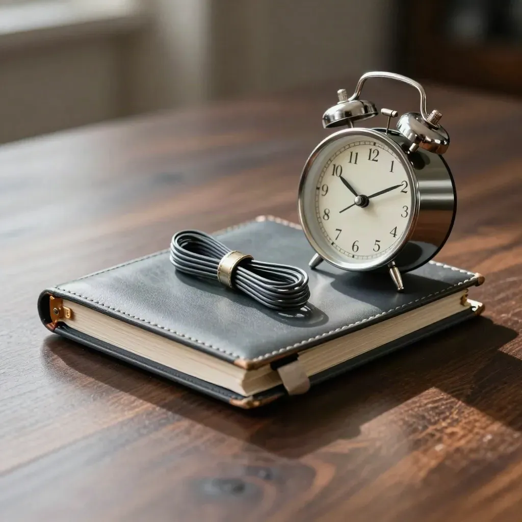 Closed release binder, cable ties and steel clock on walnut in dramatic studio light.