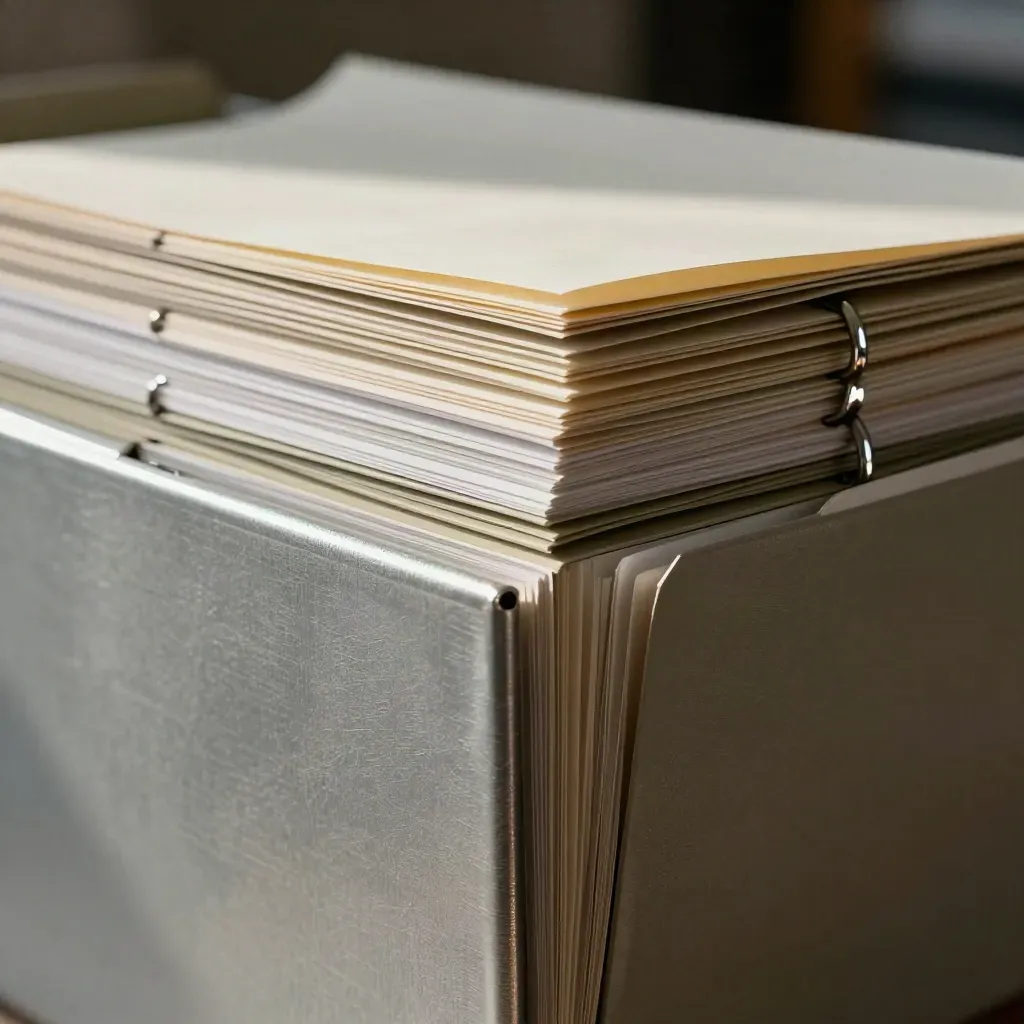 Archival folders, binder rings, and guide cards on brushed steel in soft dark bokeh